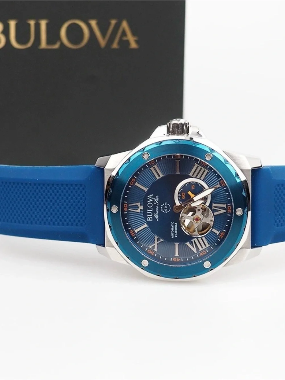 Bulova Blue Open-Heart Automatic Men's Watch with Blue Strap and Orange Accent